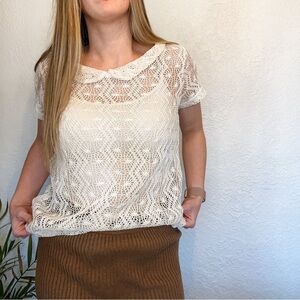 Vintage Lace Peter Pan Collared Shirt Women’s M Cream Short Sleeve Cottage Top